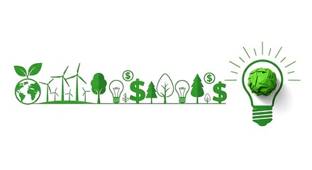 Green energy and financial growth concept with wind turbines, trees, lightbulbs, and dollar signs isolated on white background