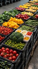 Obraz premium Freshly Harvested Vegetables and Fruits in Black Plastic Containers on a Wooden Pallet, Ready for Distribution, Farm to Table Concept