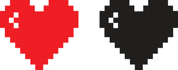 Set of Pixel Art Hearts - Red and Black 8-bit Retro Video Game Life Icons