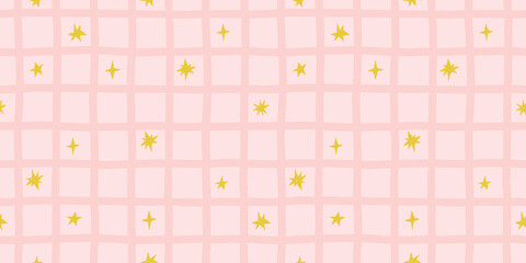 Pastel hand drawn star pattern on pink grid background, cute minimal seamless vector for birthday wrapping paper, kids room decor and holiday textile design