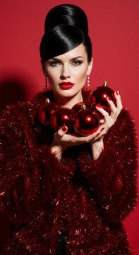 Glamorous woman with a retro beehive hairstyle holding red Christmas ornaments. Vertical holiday portrait of a stylish model with festive makeup on a red background