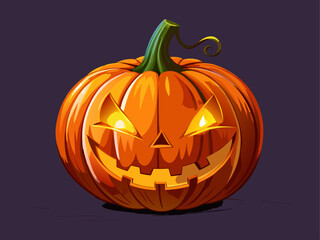 Naklejka premium realistic detailed vector of glowing jack-o-lantern pumpkin with carved scary face, warm candlelight inside, soft shadow, isolated on single-color background, Halloween decoration