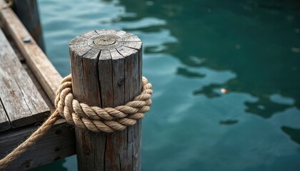 Naklejka premium Dock piling with rope detail shows calm lake water. Wooden pier details, rope mooring. Nautical decoration. Sea, ocean scenery, travel. Piling on water. Marine background. Summer vacation destination.