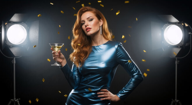 Glamorous redhead woman in a blue dress holding a cocktail at a party. Confident model posing with falling gold confetti under studio spotlights - Powered by Adobe