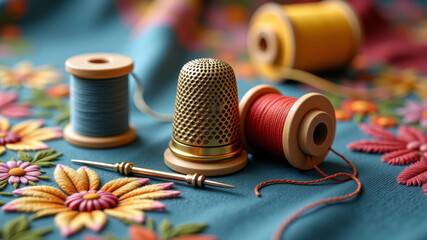 Thread spools and metal thimble on embroidered fabric with red floral stitching