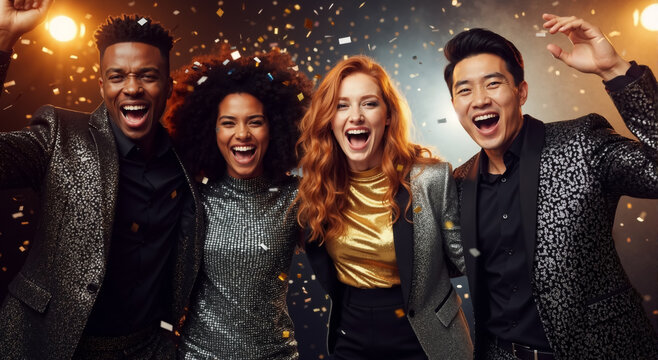 A diverse group of happy friends celebrating at a party. Joyful young people laughing together under falling confetti. Festive holiday event concept - Powered by Adobe