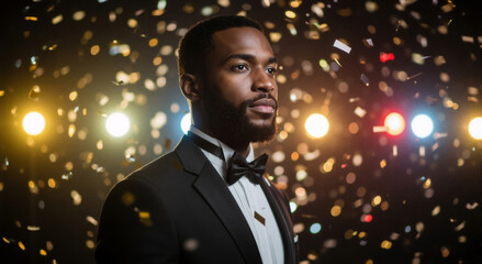 Handsome black man in a tuxedo at a celebration with falling confetti. Elegant gentleman at a formal event or gala. Success and achievement concept