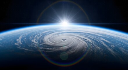 Hurricane or powerful storm system seen from outer space. Climate change, severe weather, and earth observation. Aerial view of a massive cyclone swirling over the ocean at sunrise