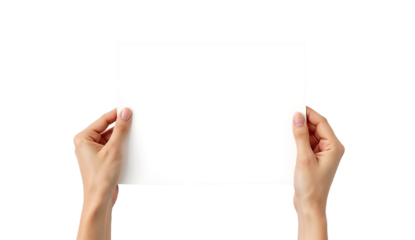 Hands holding blank white sheet of paper isolated on a transparent background