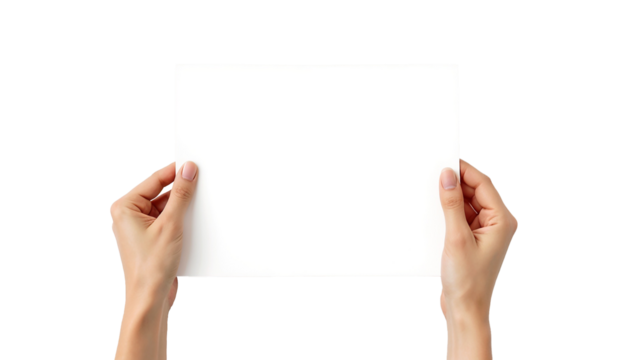 Hands holding blank white sheet of paper isolated on a transparent background