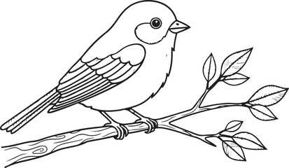 Charming outline drawing of a small bird perched on a branch with leaves
