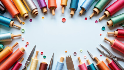Circular flatlay of colorful threads and buttons on light background