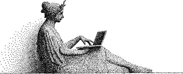 Fototapeta premium Vintage dotwork illustration of greek goddess statue typing on laptop for classical and modern art fusion