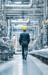 Engineer walking through industrial plant exploring manufacturing pipeline