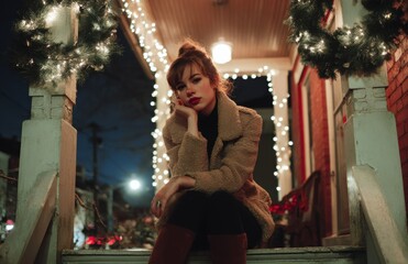 Young woman enjoying christmas lights on porch at night