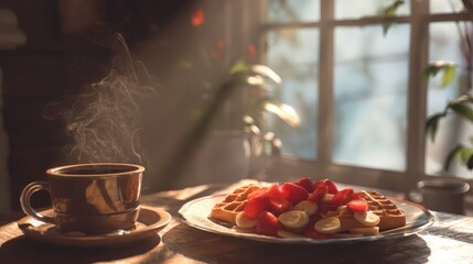Delicious breakfast waffles with fresh fruit and steaming coffee enjoyment