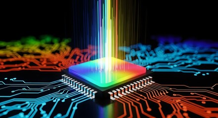High-speed digital data transfer on a quantum processor. Creative and powerful computing technology. Abstract colorful light beams illuminating a microchip and circuit board