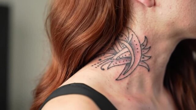 Close-up of artistic neck tattoo on woman with red hair