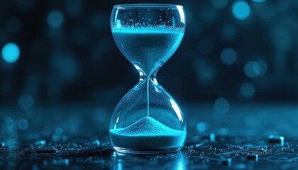 Glass hourglass with vivid blue glowing sand rests on dark tech circuit board surface. Vibrant sand steadily falls, marking passage of time, showing countdown. Image deadlines, digital data, future