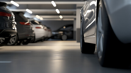 Cars parked neatly in a well-lit underground parking garage, showcasing organized parking and the sleek designs of modern vehicles in a secure environment. Perspective from the floor.
