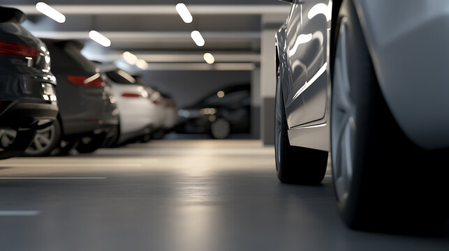Cars parked neatly in a well-lit underground parking garage, showcasing organized parking and the sleek designs of modern vehicles in a secure environment. Perspective from the floor.