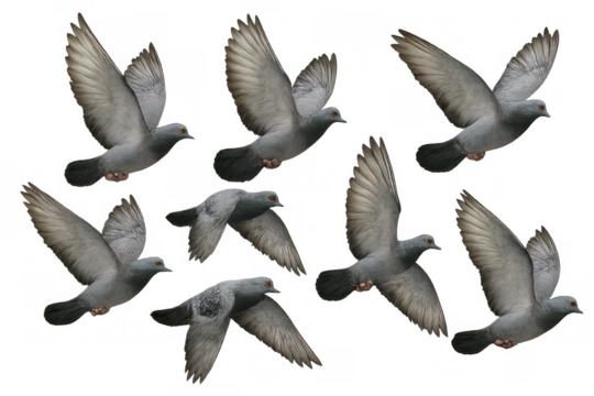 Flying pigeon collection, set of birds soaring with wings spread, movement and freedom concept, transparent background