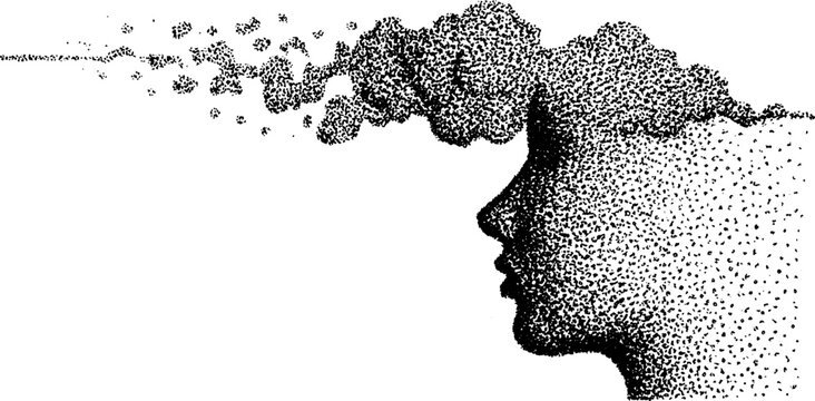 Abstract human profile dissolving into particles with dotwork effect