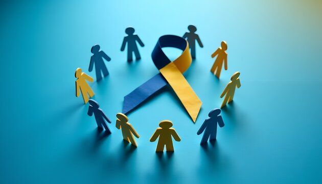 Blue and yellow figures circle a ribbon people