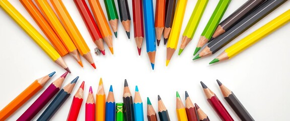 Fototapeta premium Vibrant colored pencils arranged artfully on white background, art, close up