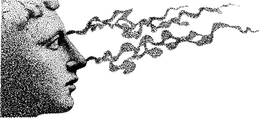 Marble bust dissolution in black and white stipple art for vintage design