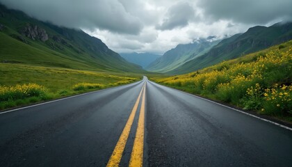 Naklejka premium Black asphalt road extends into distant mountains under overcast summer sky. Green valley flanks route with vibrant yellow wildflowers lining roadside. Scenic panorama suggests long journey through