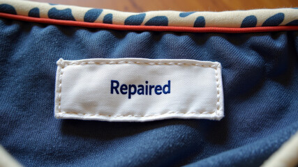 White repaired patch stitched onto denim fabric with colorful dots in background