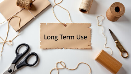 Long term use tag placed among scissors thread and paper rolls on beige crafting mat