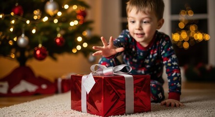 Excited child reaching for a Christmas gift