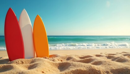 Three colorful surfboards stand upright in beach sand near blue ocean water. Gentle waves roll onto the shore under a clear sky. Sunny day for surfing and summer fun.