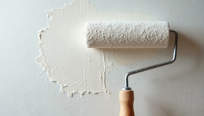 Obraz premium Close up photo shows roller applying white paint to wall surface. DIY home renovation process concept. Painter decorates interior. Texture and pattern of the coat are visible.