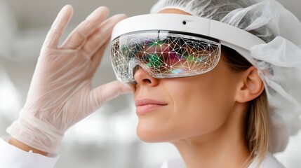 Caucasian female scientist using futuristic vr headset in laboratory setting