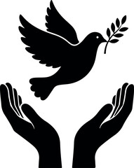 Dove of peace flying over two hands, symbol of peace and hope.