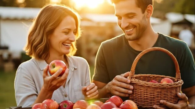 joyful couple laughing while picking fresh red apples at farmer's market. man holds wicker basket in warm sunset light. autumn harvest, healthy living.