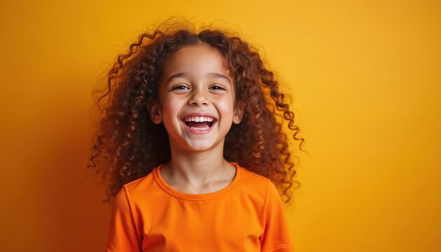 Happy young girl smiles, laughs cheerfully. Child has bright curly hair. Portrait of kid expresses joy in studio with vibrant yellow backdrop. Stylish youth fashion, positive mood, wellness concept. - Powered by Adobe
