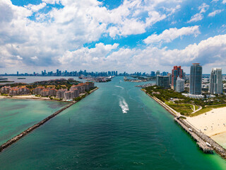 Miami Beach. Miami Beach city from top. South Beach from above. Drone of coastline scene. Shore of Miami with skyscrapers. Aerial cityscape of Miamis view.