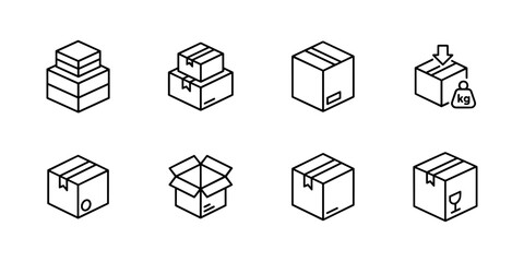 Set of Black and White Line Box Icons with Various Features