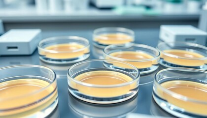 Close-up of sterile petri dishes on a lab bench, bacteria, culture