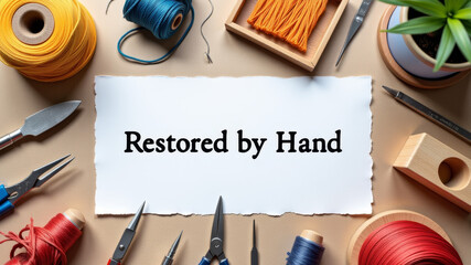 Restored by hand card placed among crafting scissors thread thimble and measuring tape