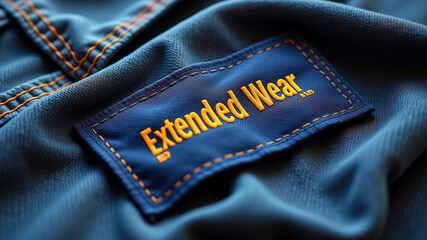 Blue denim with extended wear tag sewn on garment edge with orange thread detail