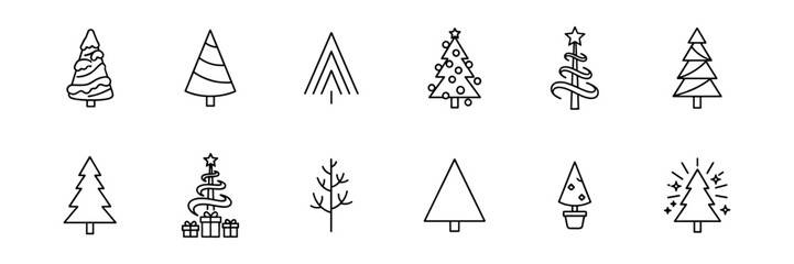 Set of Ten Minimalist Christmas Tree Icons in Line Style