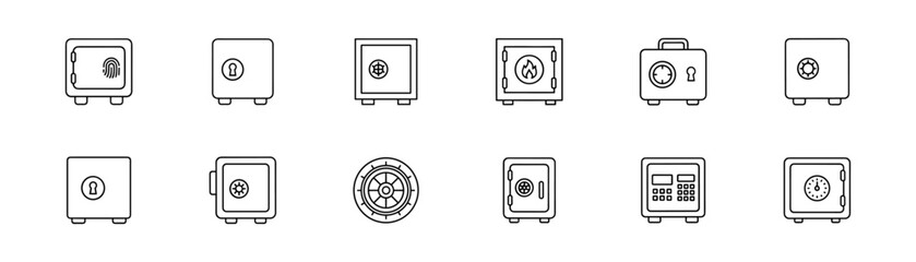Safe icons set in line art style with various designs and mechanisms