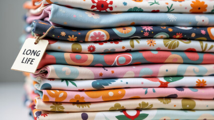 Stack of patterned fabrics with small long life label pinned onto top floral textile