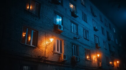 Fototapeta premium Building with many windows and a street light in front. The street light is lit up and the building is dark