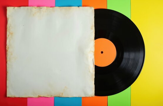 Aged white paper record sleeve rests beside a black vinyl disc with an orange center label. The retro music object sits on a bright, colorful background comprised of stacked paper sheets. - Powered by Adobe